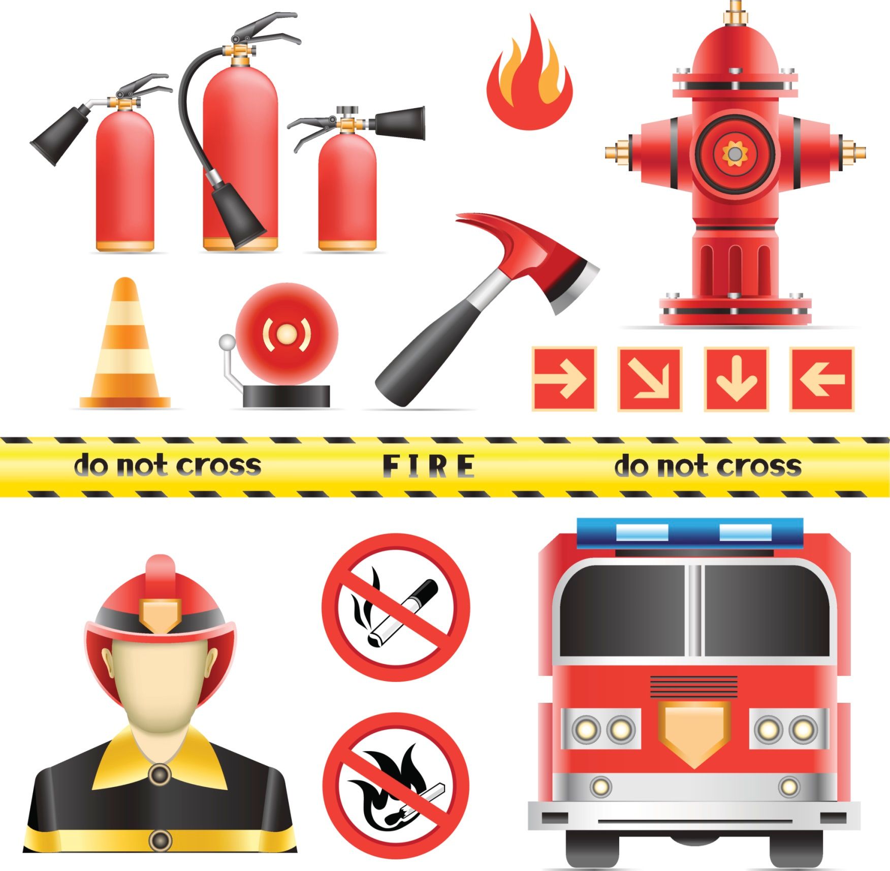 Un conjunto de íconos relacionados con el fuego, incluido un camión de bomberos