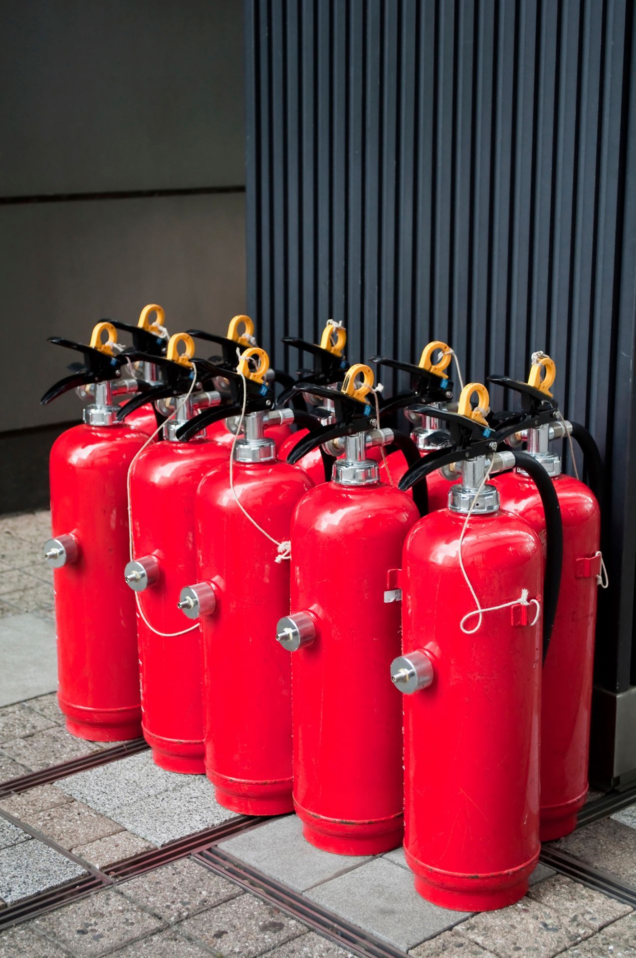 Una fila de extintores rojos están alineados frente a un edificio.