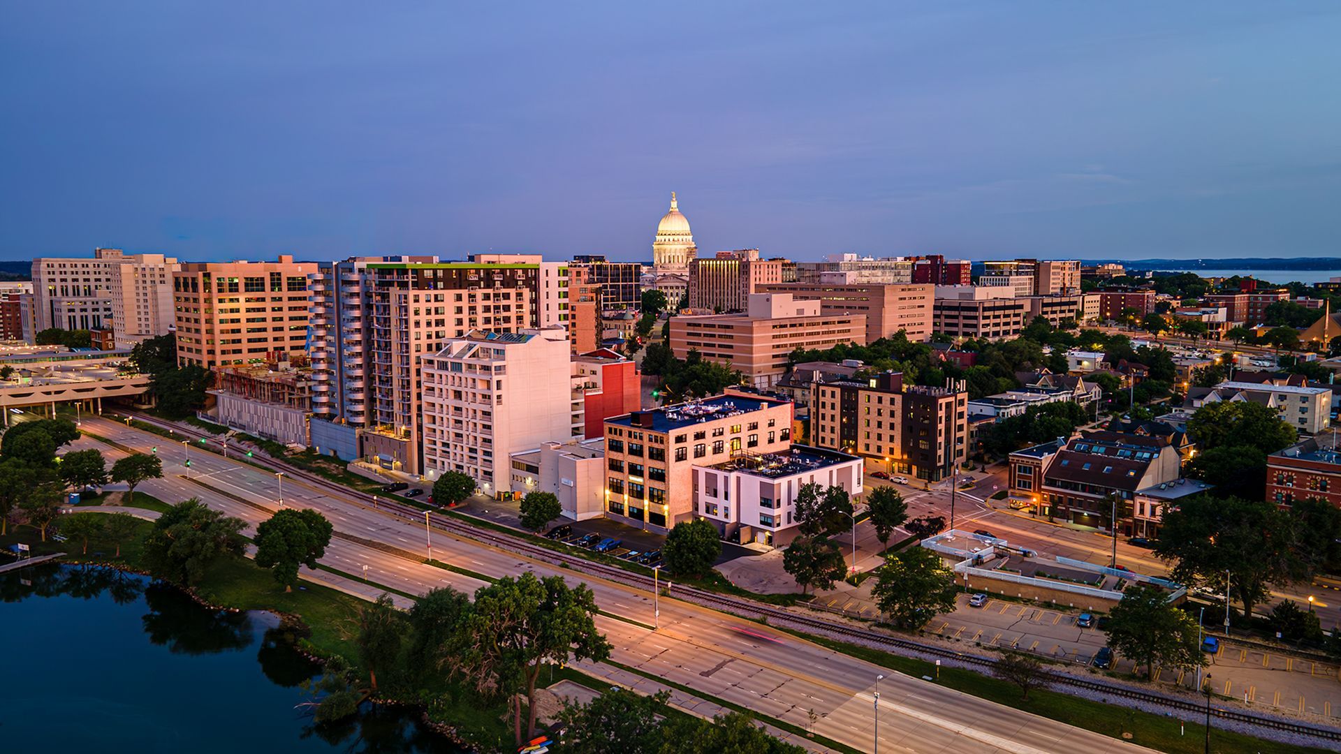 Downtown Madison, Wisconsin skyline with the State Capitol at dusk