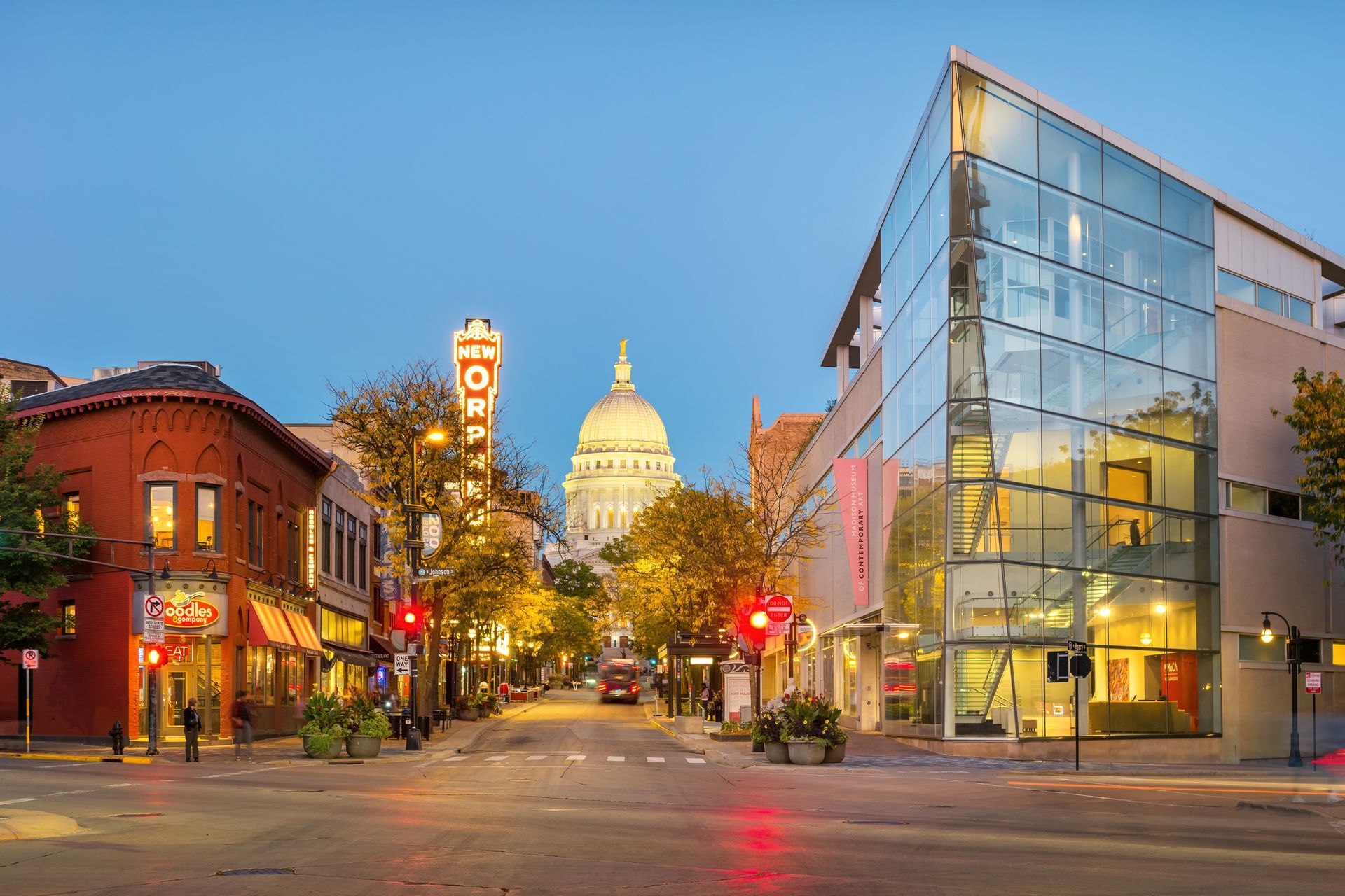 Wisconsin State Capitol and State Street in downtown Madison at dusk
