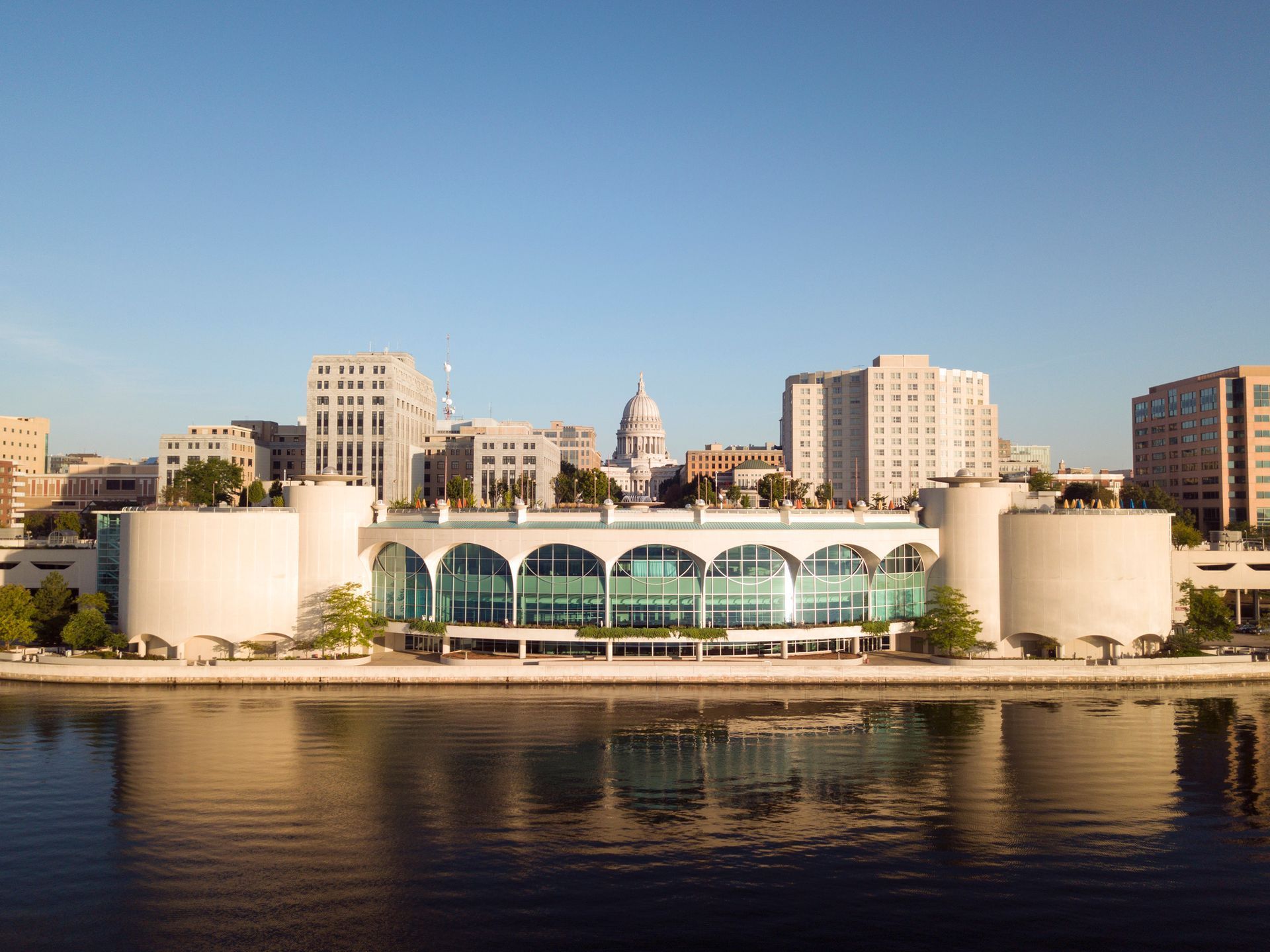 View of Monona Terrace Community & Convention Center in Madison, Wisconsin on a clear summer morning