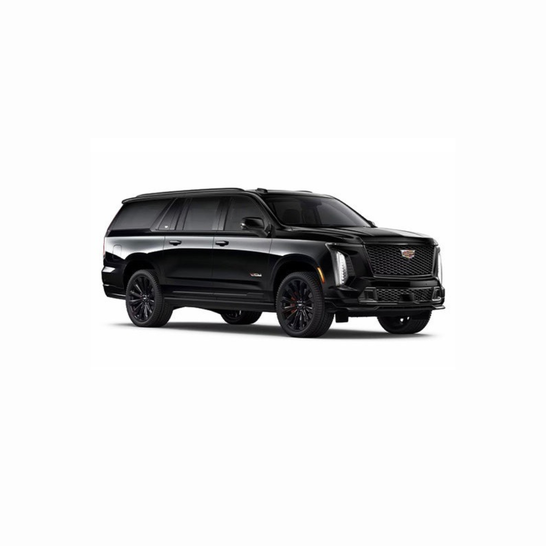 A black cadillac escalade is shown on a white background.