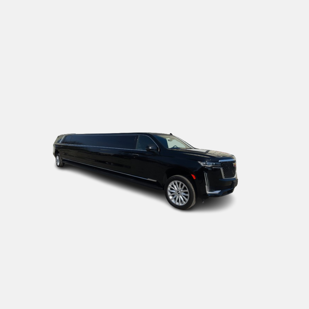 A black limousine is parked on a white background.