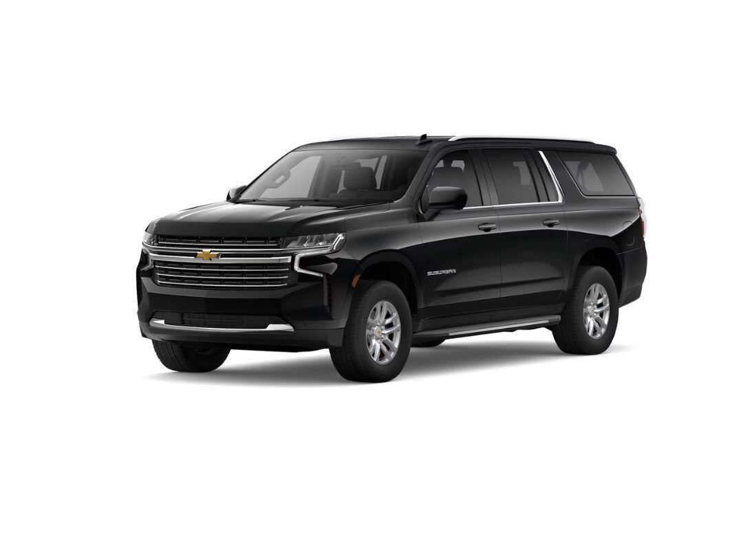 A black chevrolet suburban suv is shown on a white background.