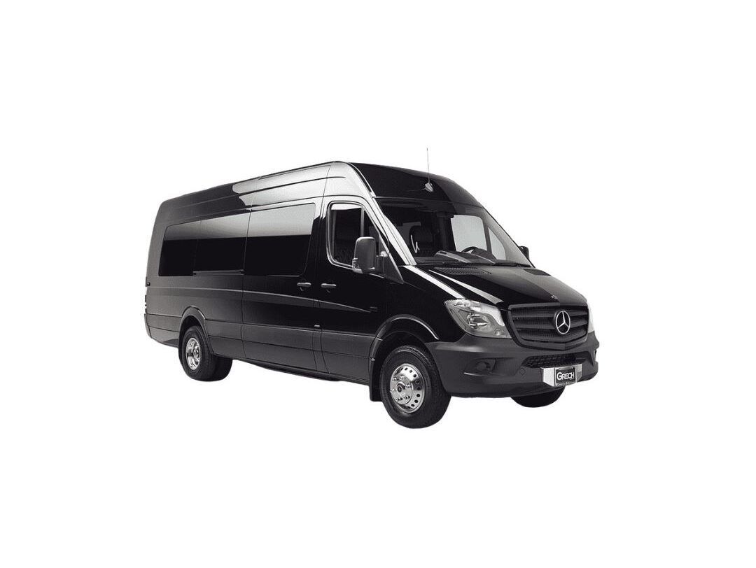 A black and white photo of a mercedes benz sprinter van on a white background.