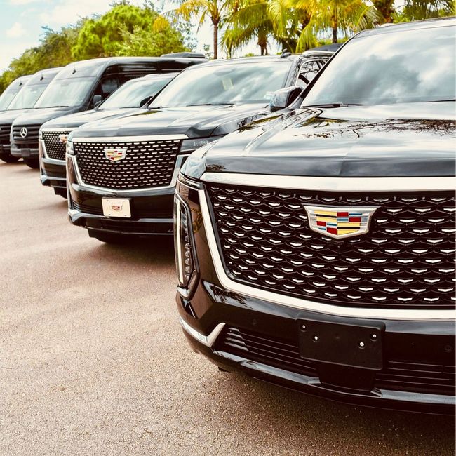 A row of black cadillacs are parked in a parking lot.
