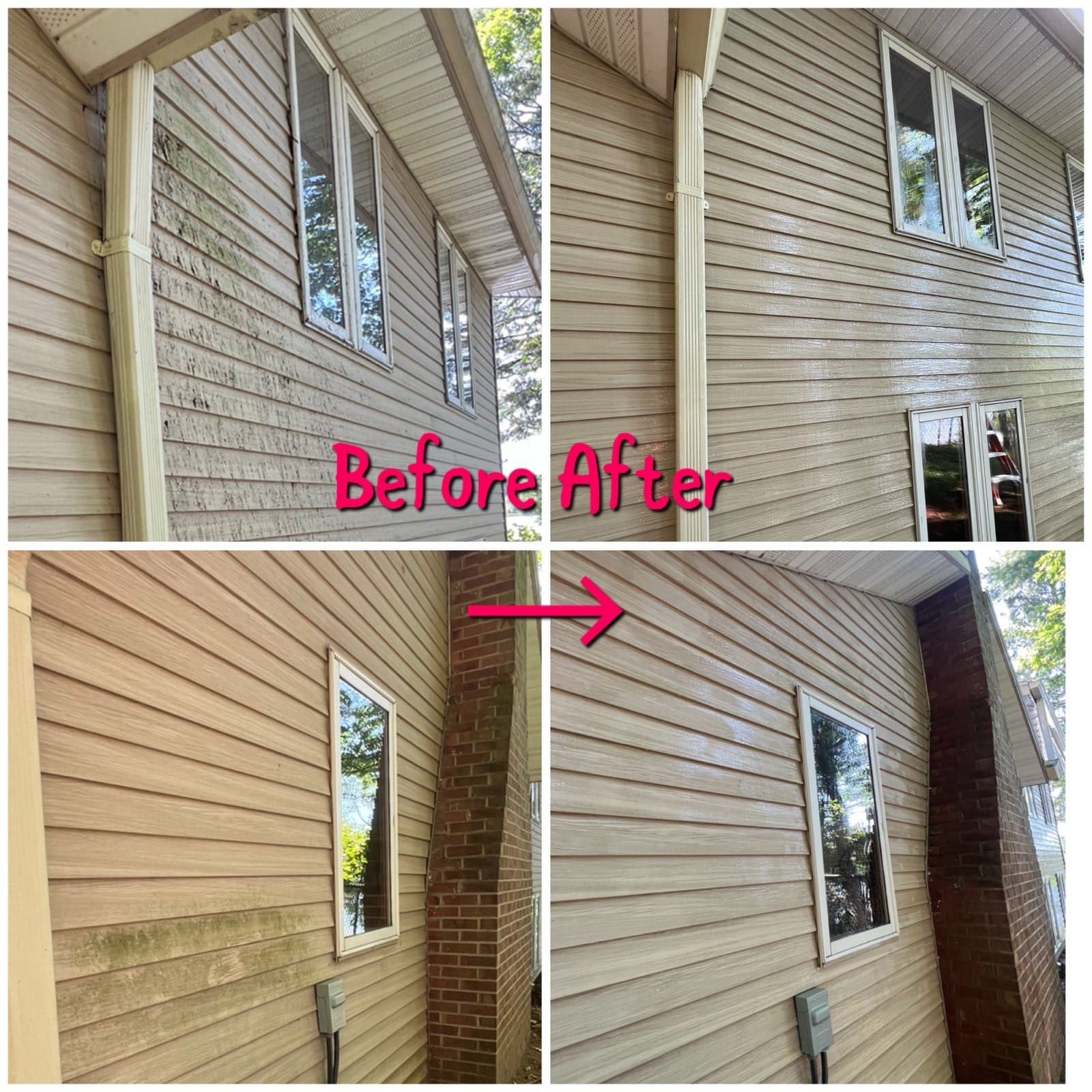 A before and after photo of a house 's siding and brick chimney.