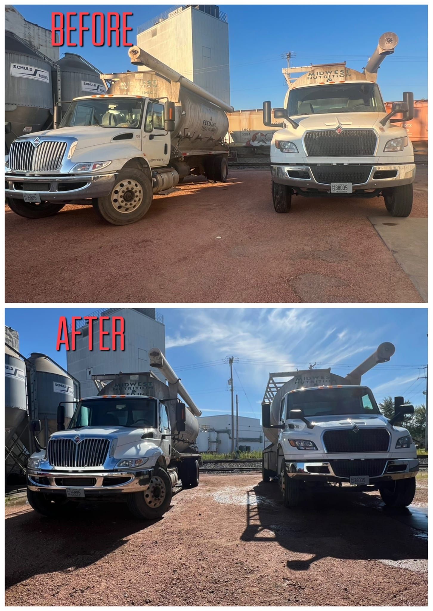 A before and after photo of two trucks in a parking lot.