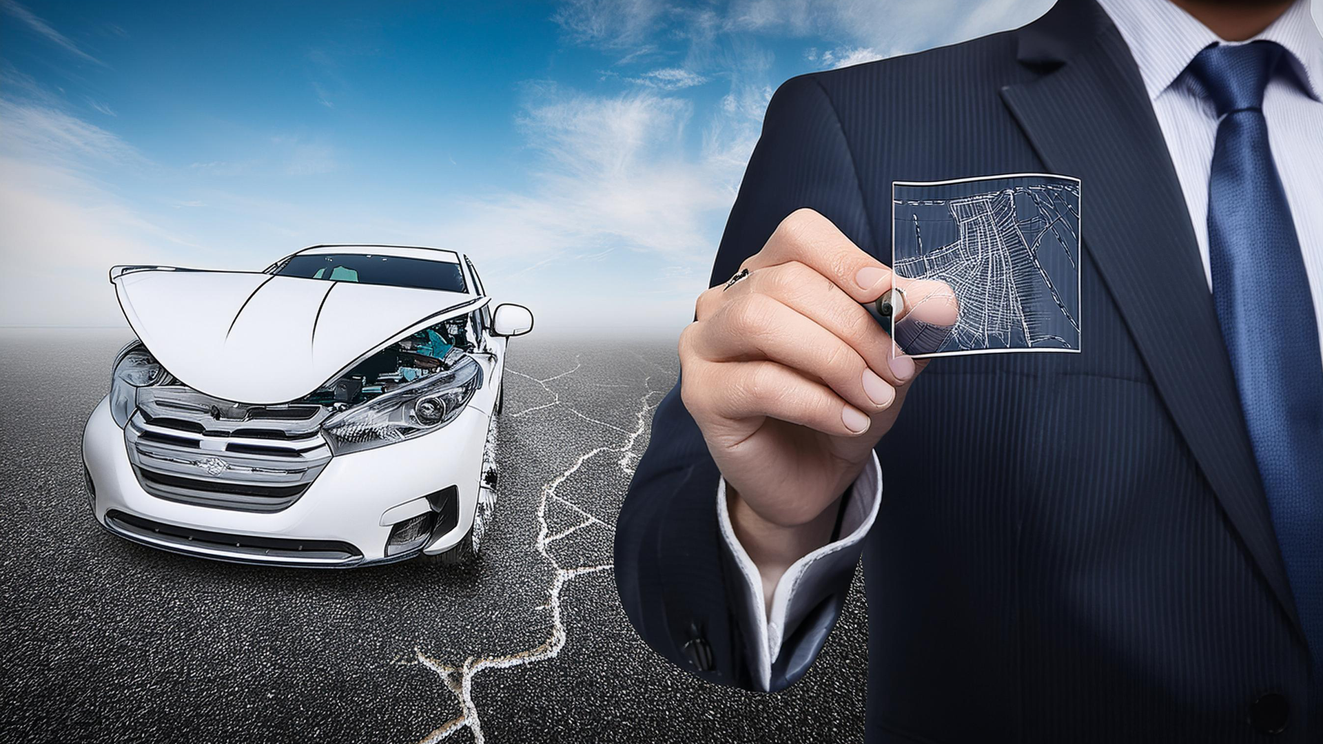 A man in a suit and tie is holding a piece of glass in front of a car with a broken windshield.