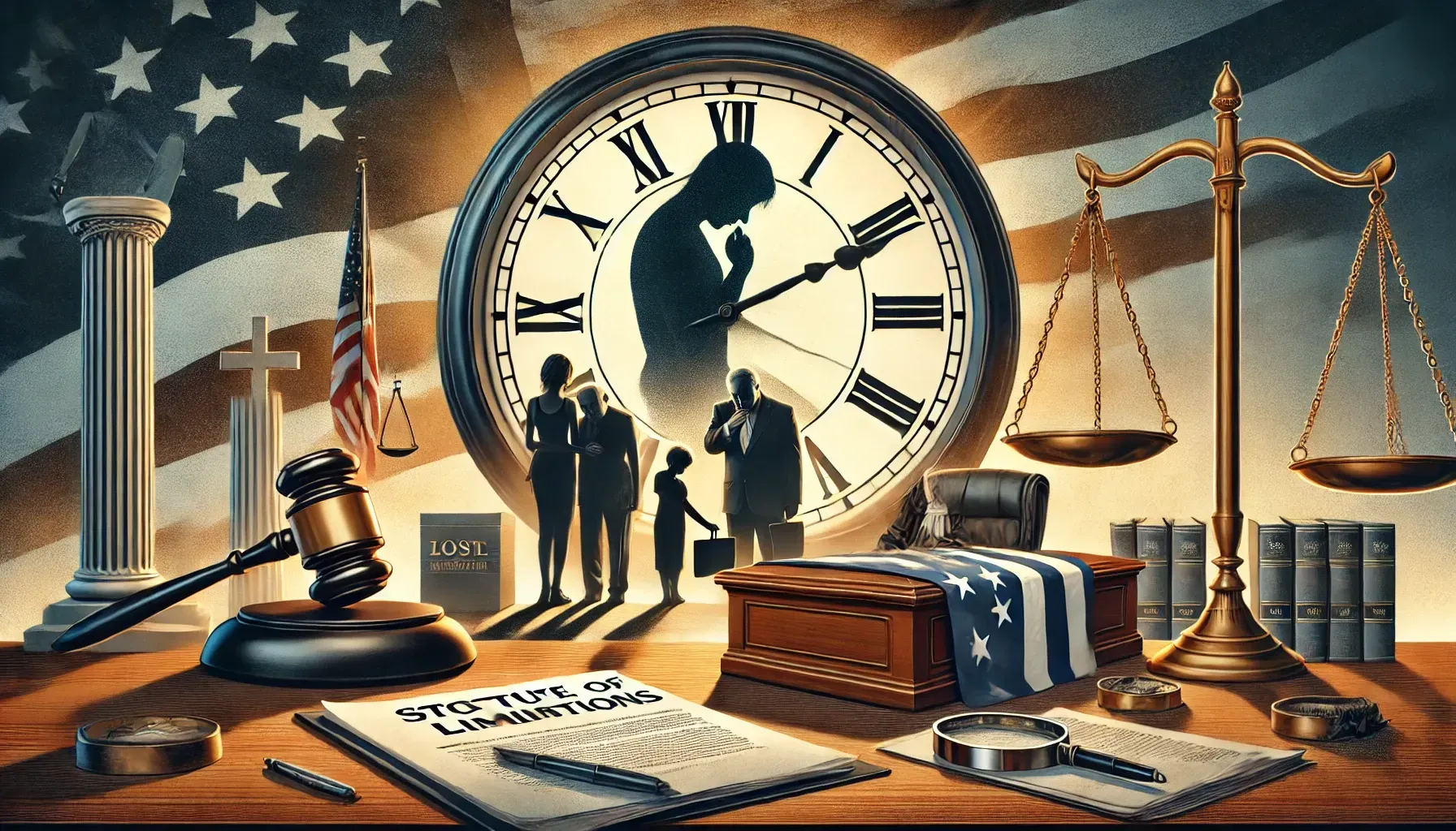 A clock and scales of justice are on a table with an american flag in the background.