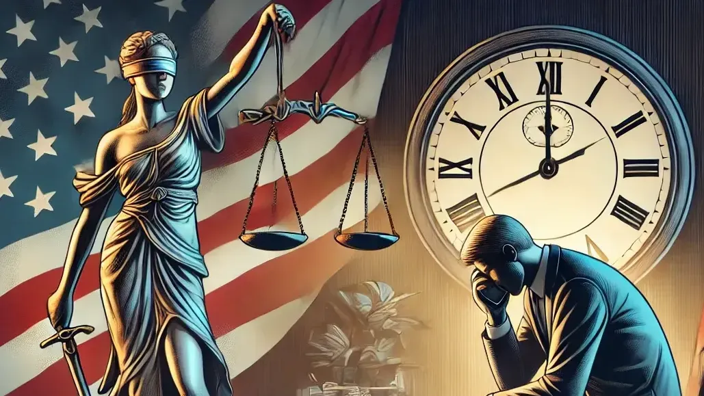 A man is kneeling in front of a statue of justice and a clock.