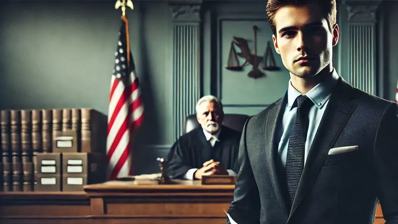 A man in a suit and tie is standing in front of a judge in a courtroom.