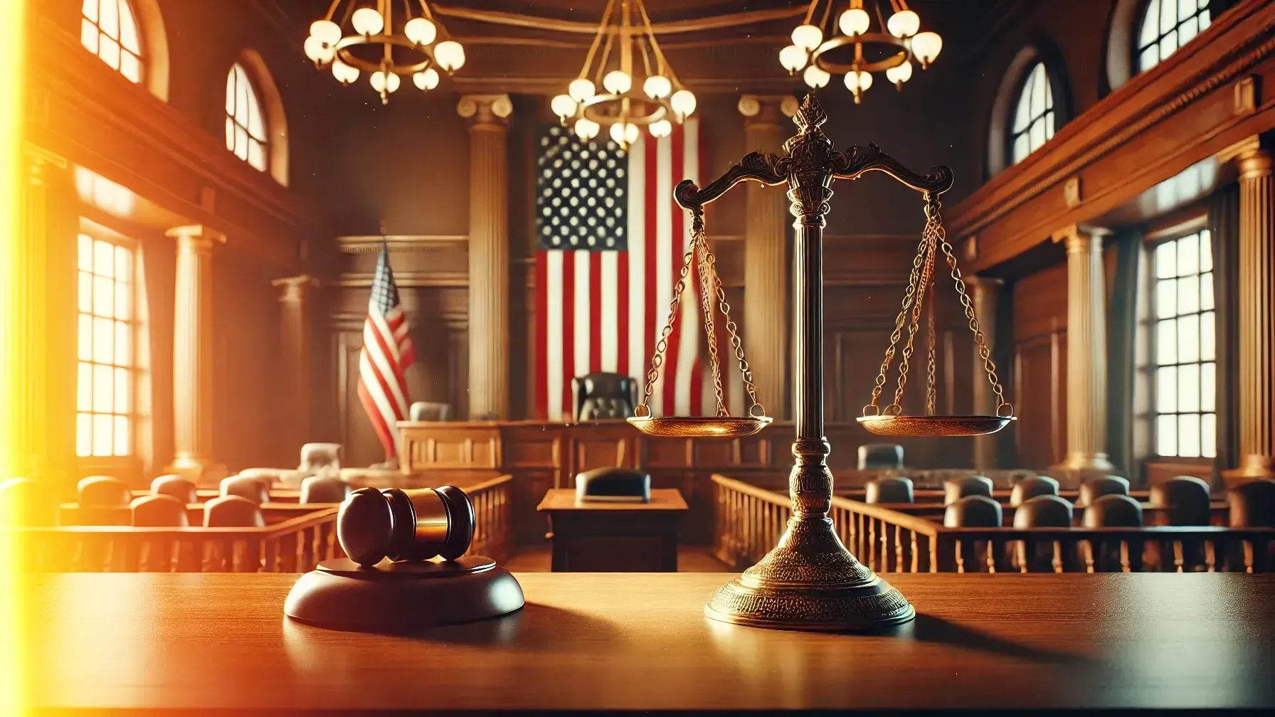 The scales of Justice sitting on a wooden table in a court with the american flag in the background.