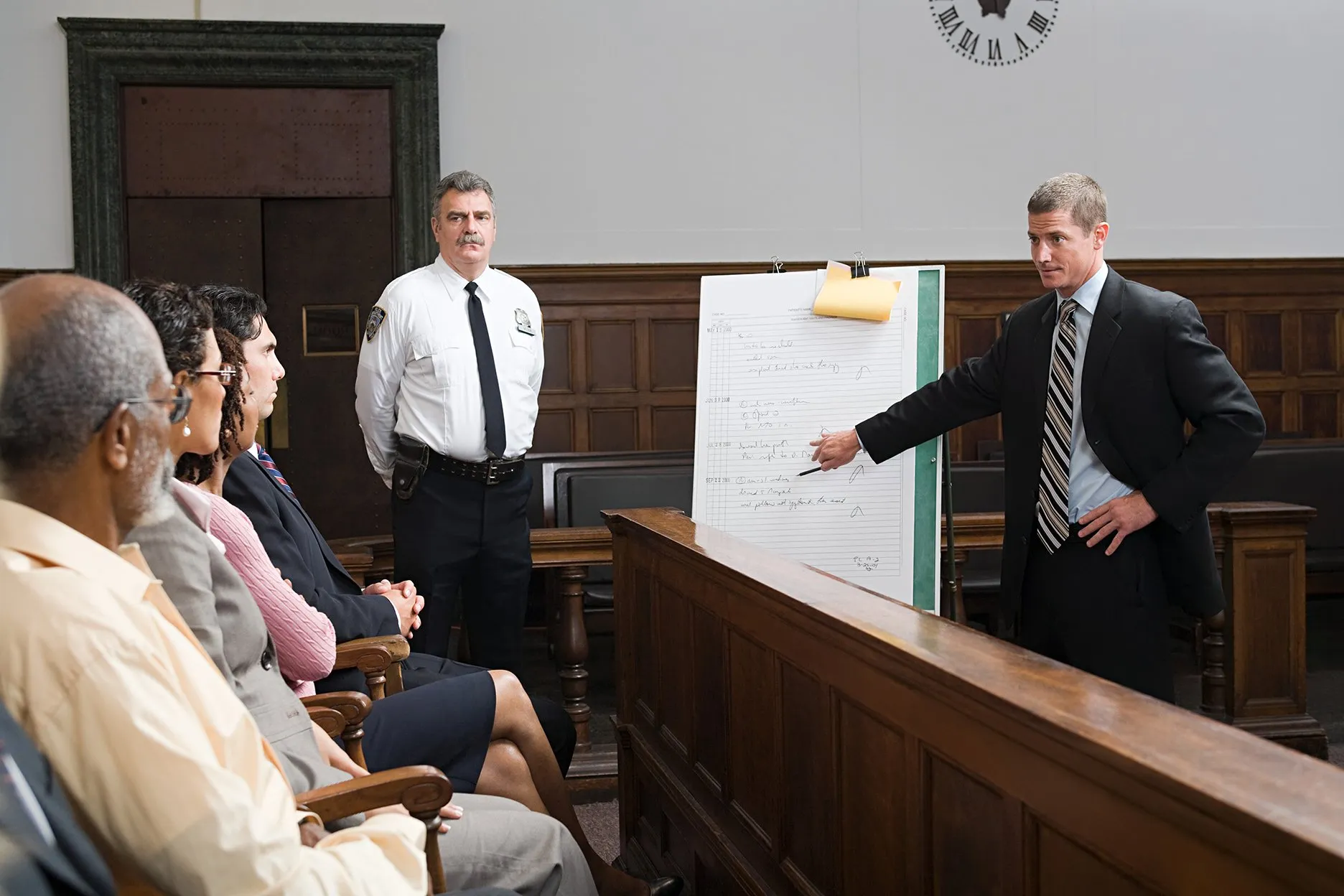 A lawyer in a courtroom presenting evidence to a seated jury while pointing at a large notepad on an