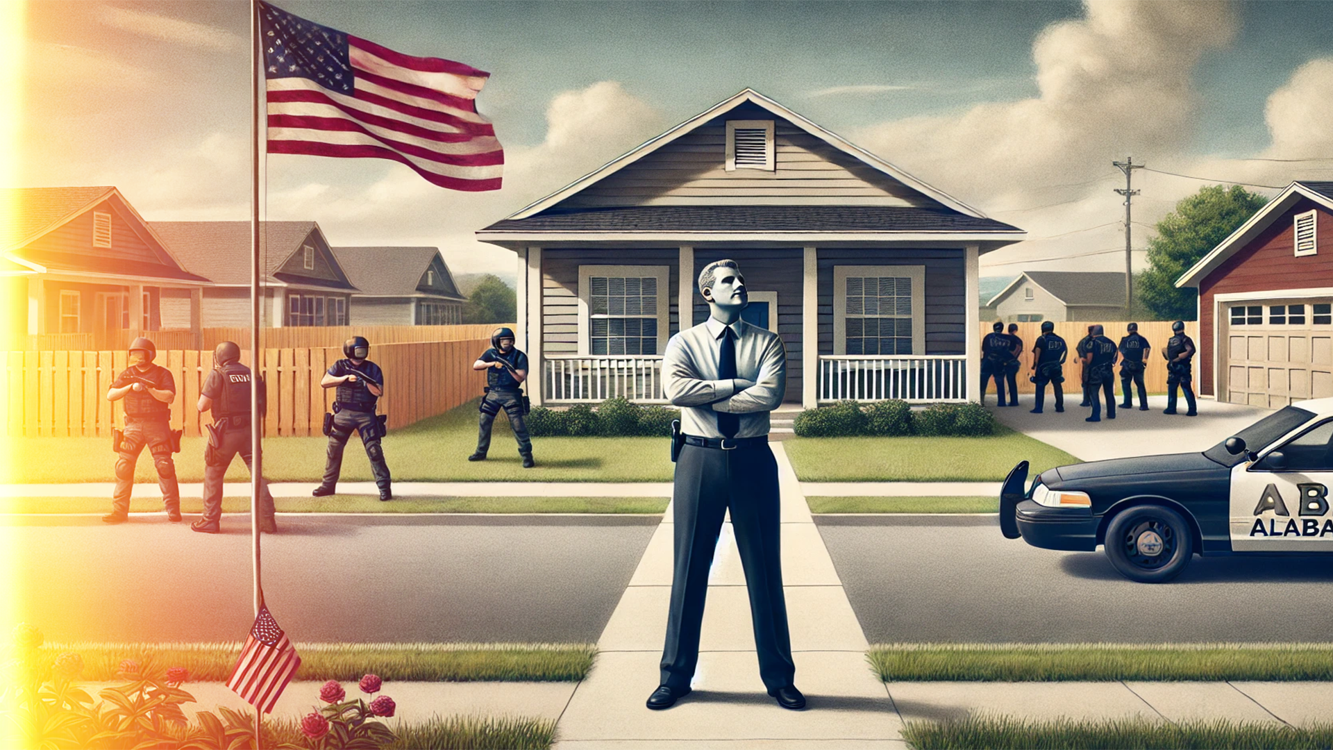 A man is standing in front of a house with a police car in the background.