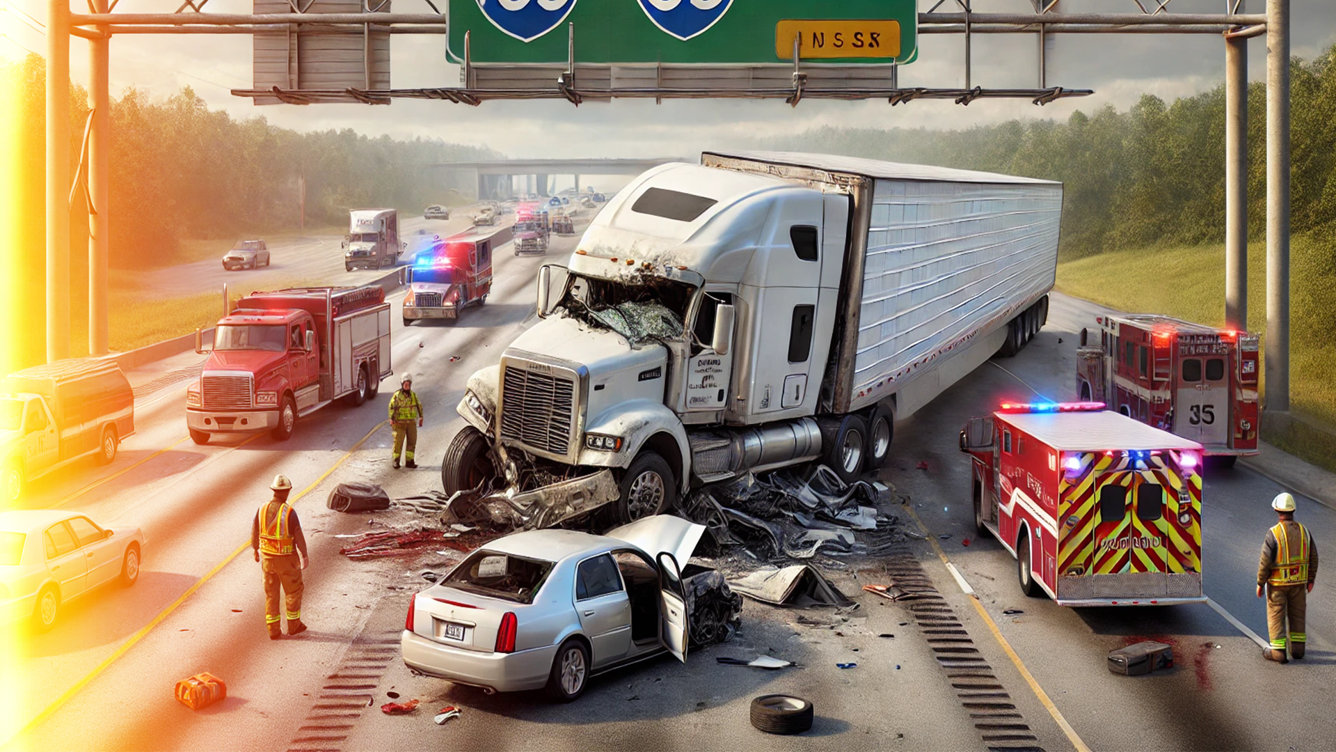 A truck has crashed into a car on a highway.