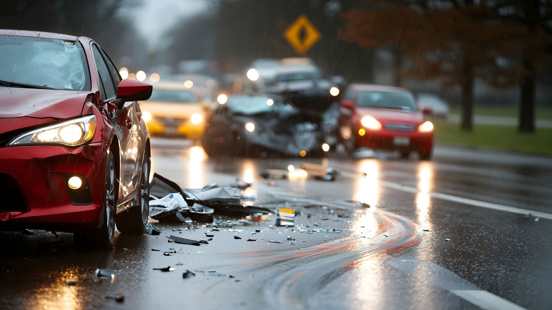 A red car is parked on the side of the road next to a damaged car.