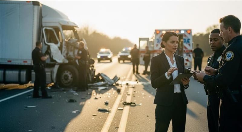 Police officers and an investigator documenting a serious truck accident scene with debris and emerg