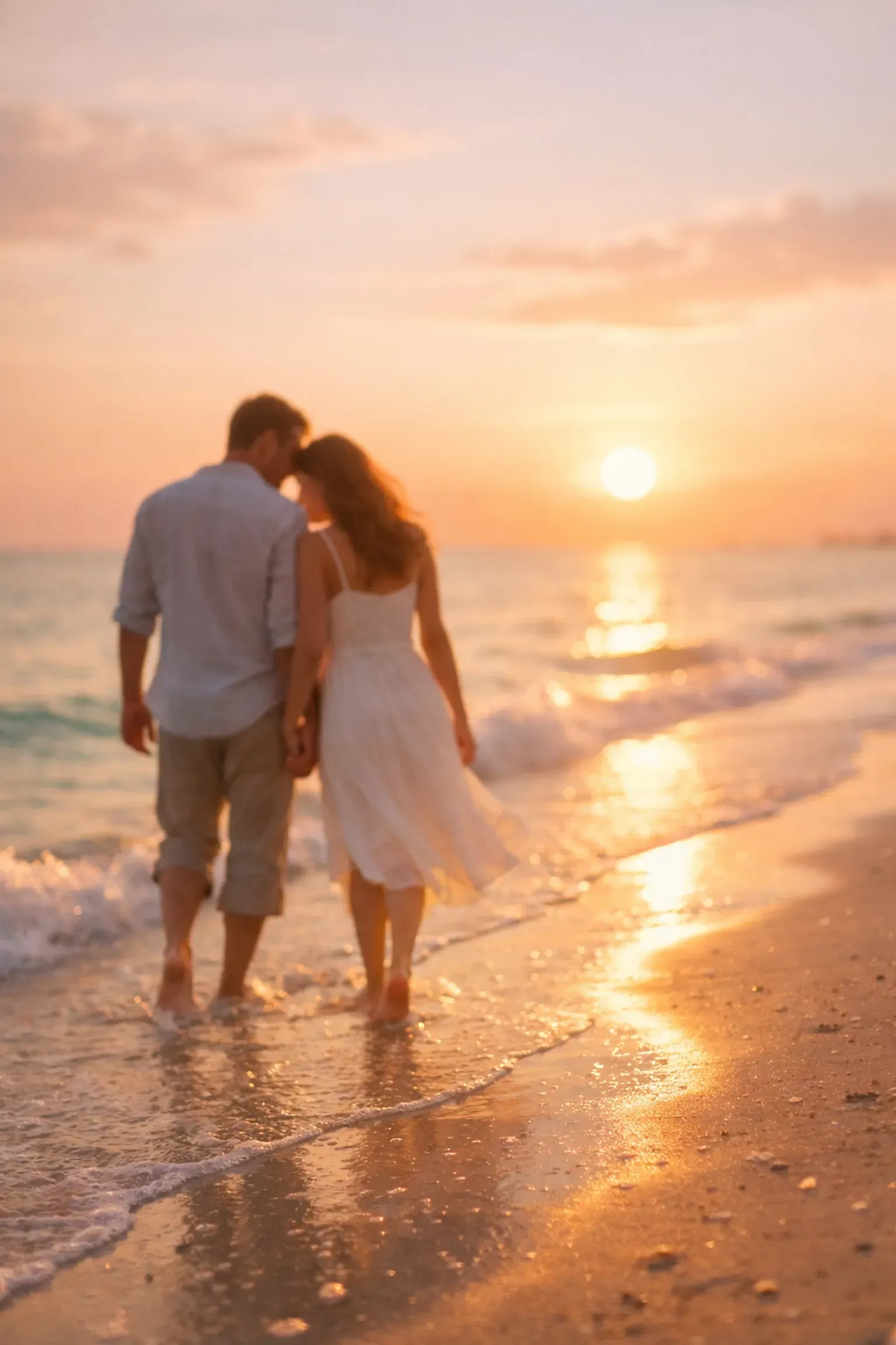 Newlyweds walking barefoot along the shoreline at sunset for their Florida destination wedding in Naples