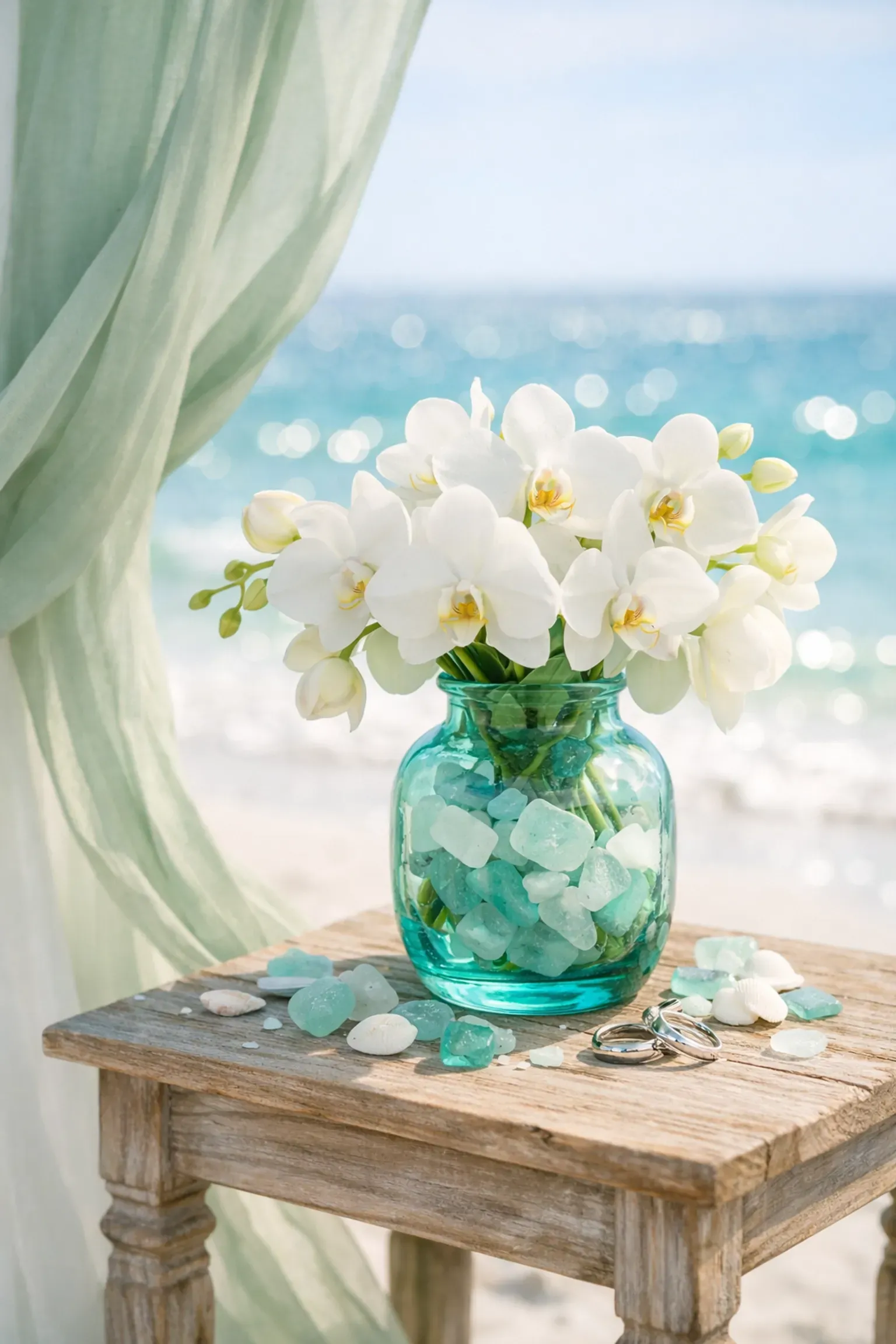 Sage Serenity themed decor with orchids and sea glass for an intimate Naples Florida beach wedding