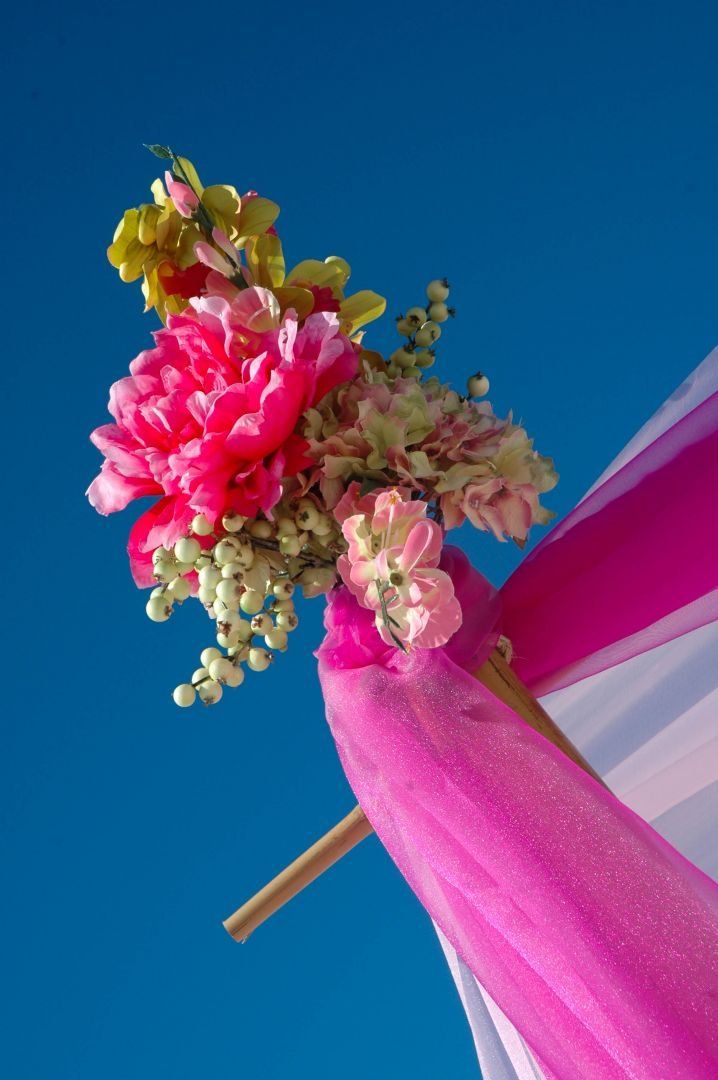 Pink and yellow flowers with pink fabric against a bright blue sky.