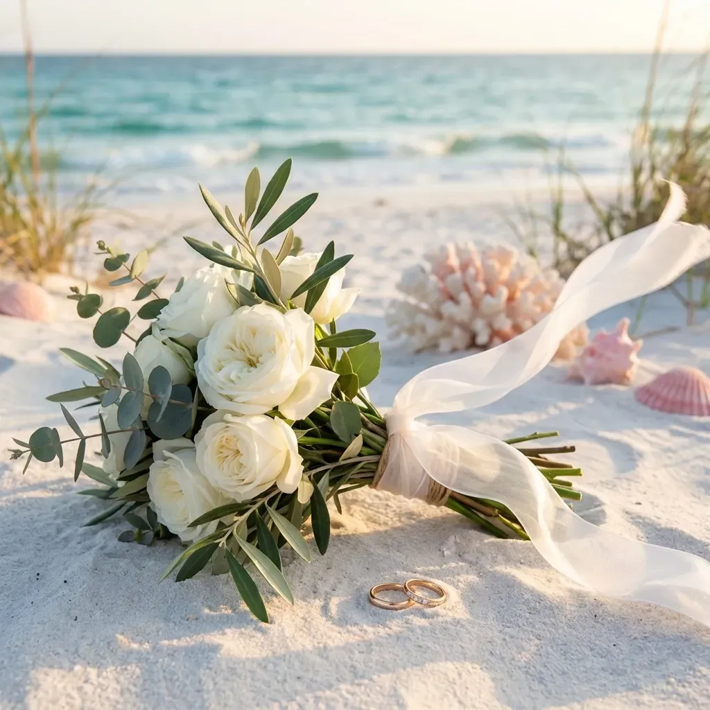 Bride's bouquet on the white sand beach.