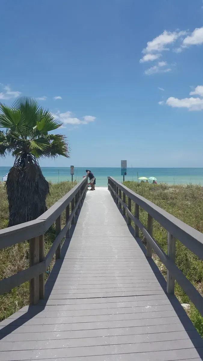 Wooden boardwalk leading to a beach on a sunny day. Palm tree on left, blue sky, and ocean in distance.