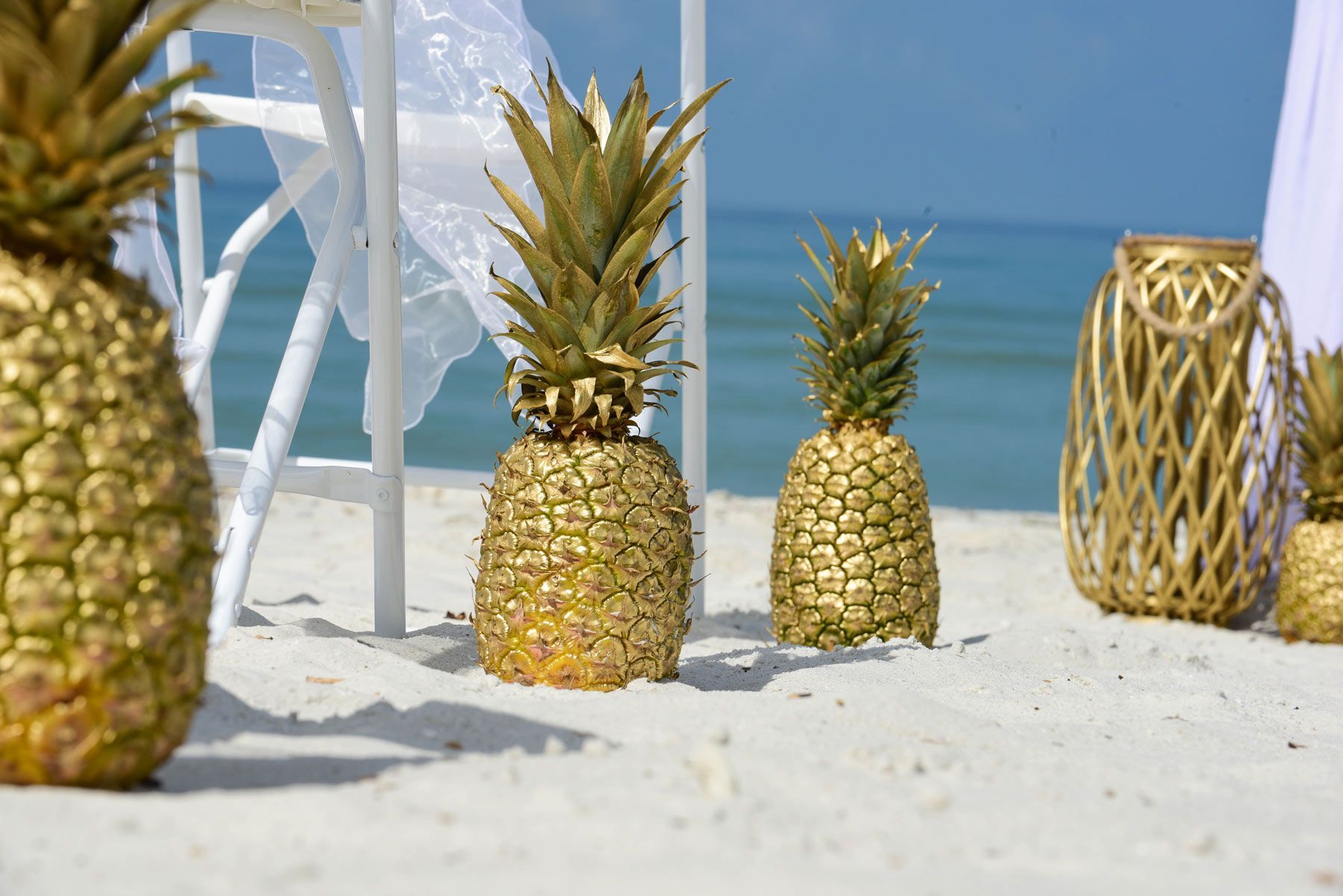 Golden painted pineapples on a sandy beach. White chairs and ocean in background.