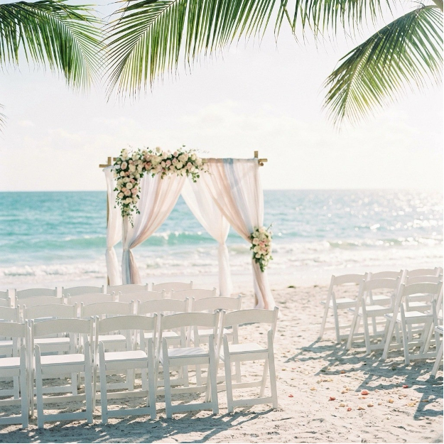 Bride's bouquet on the white sand beach.