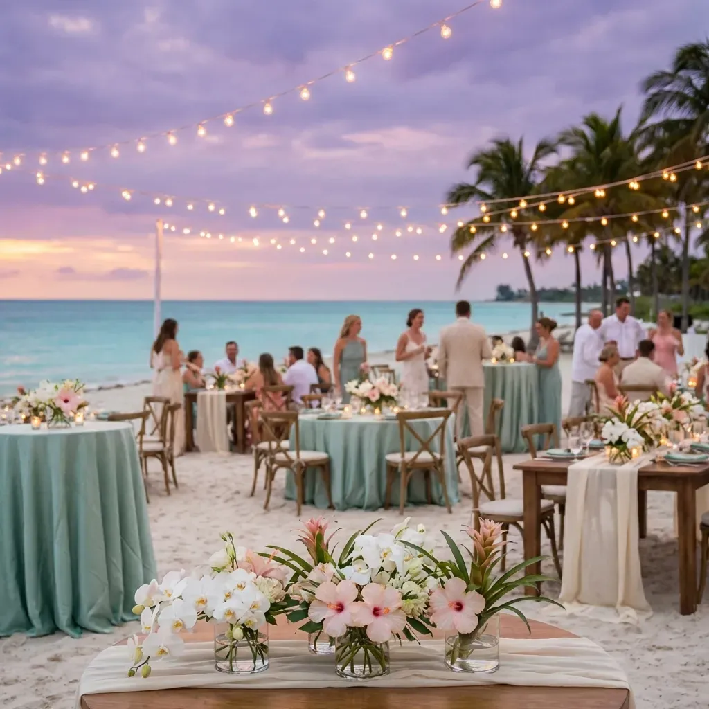Couple at beach wedding, bride in white dress, groom in beige suit, altar with flowers, ocean in background.