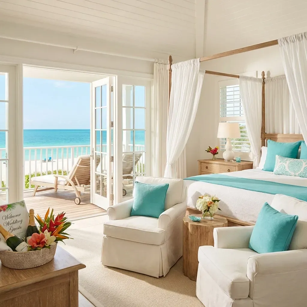 Beach wedding ceremony setup: red carpet aisle, arch, chairs, ocean backdrop.