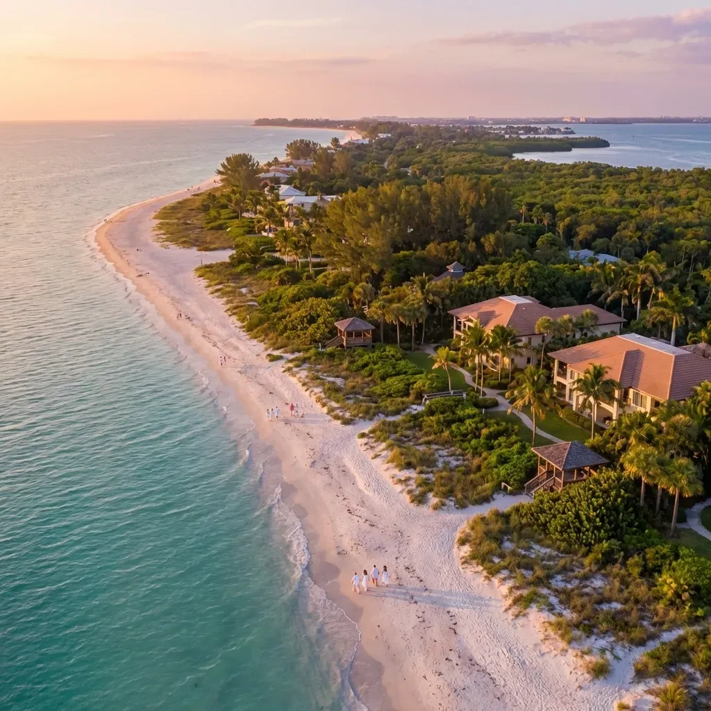 Wedding ceremony on a white sandy beach with white chairs and pink floral decorations, blue ocean in background.
