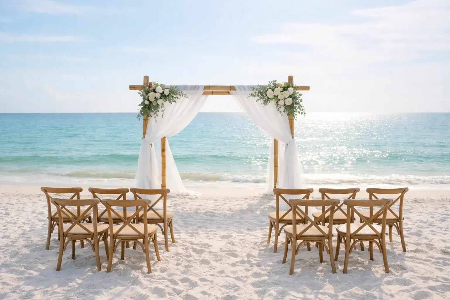 Intimate ceremony setup with a bamboo arch and wooden chairs for a Naples Florida beach wedding.