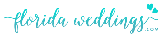 The logo for florida weddings is blue and has hearts on it.
