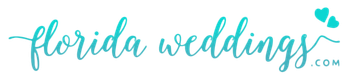 The logo for florida weddings is blue and has hearts on it.