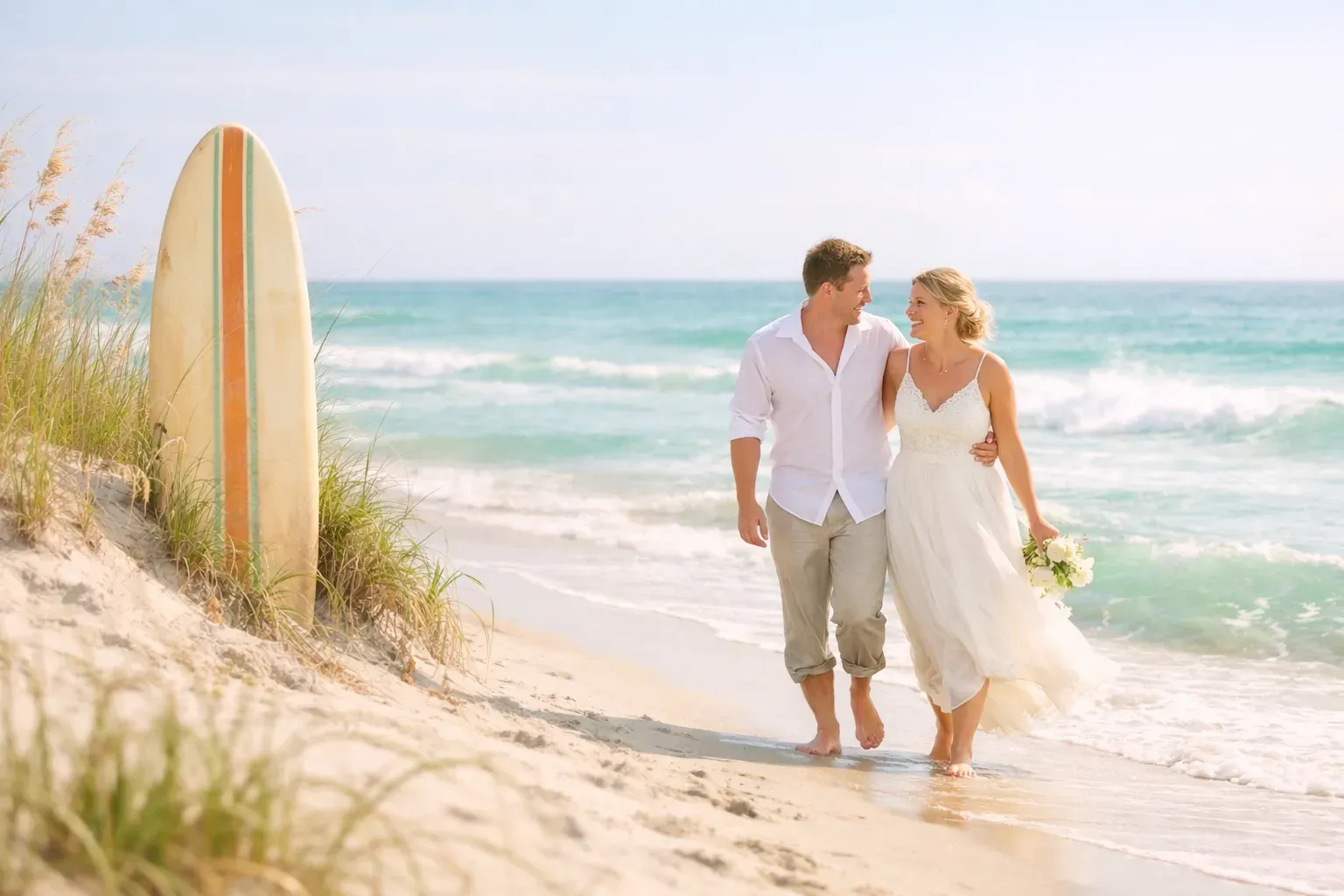 A couple barefoot on the beach. 