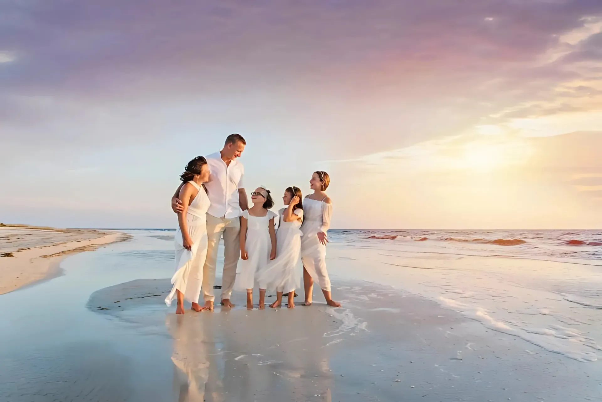 Family of six in white outfits standing on a beach at sunset, looking toward the horizon.