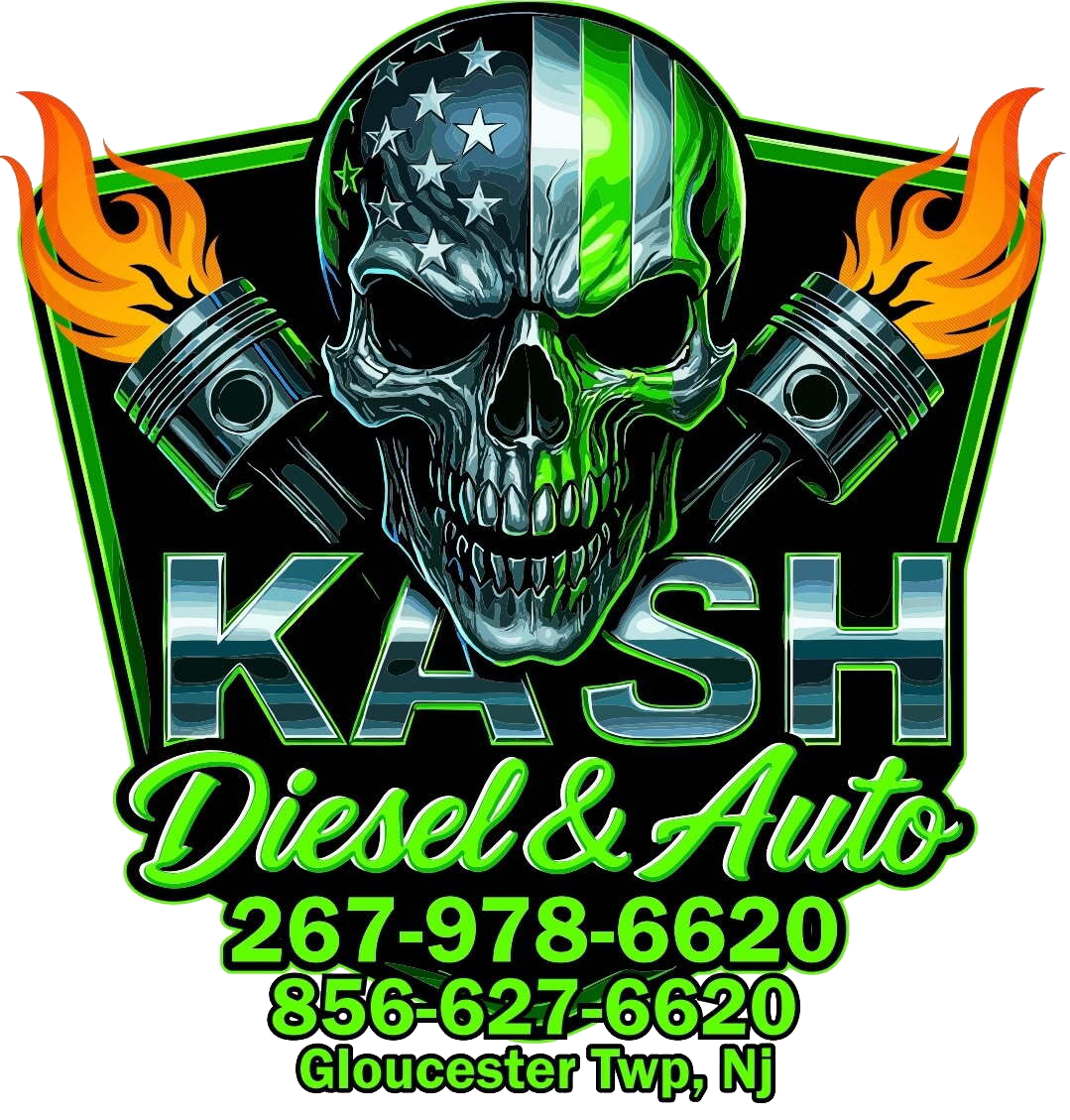 A logo for diesel and auto with a skull and pistons