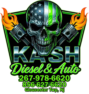 A logo for diesel and auto with a skull and pistons
