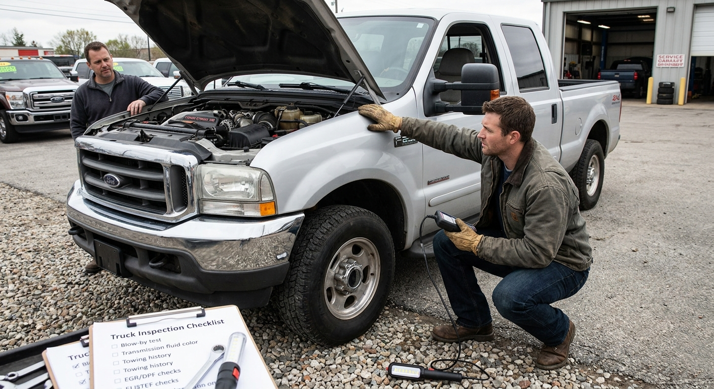 Mechanic kneels beside a silver pickup with open hood, inspecting engine in a gravel lot.