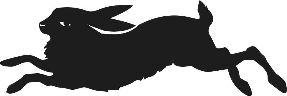 A black and white silhouette of a rabbit jumping in the air.
