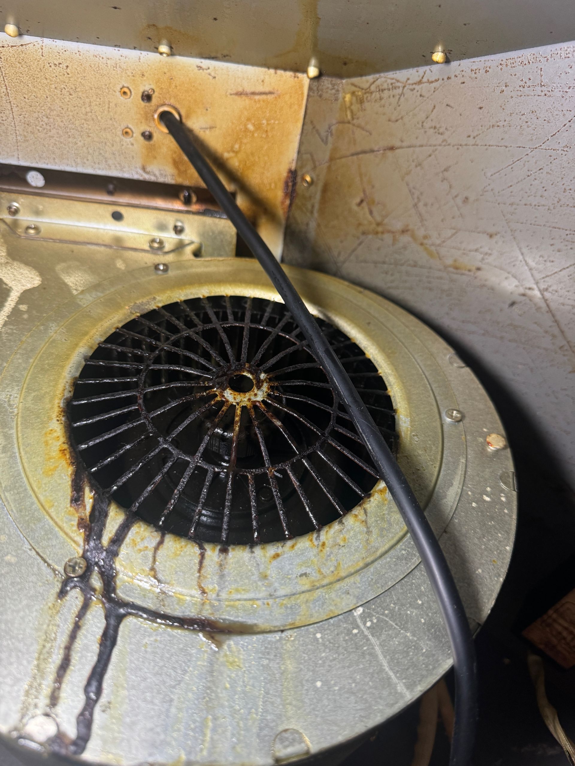 Close-up of a greasy, rusty kitchen exhaust fan. A black cable runs down inside. Dark liquid drips from the fan's center.