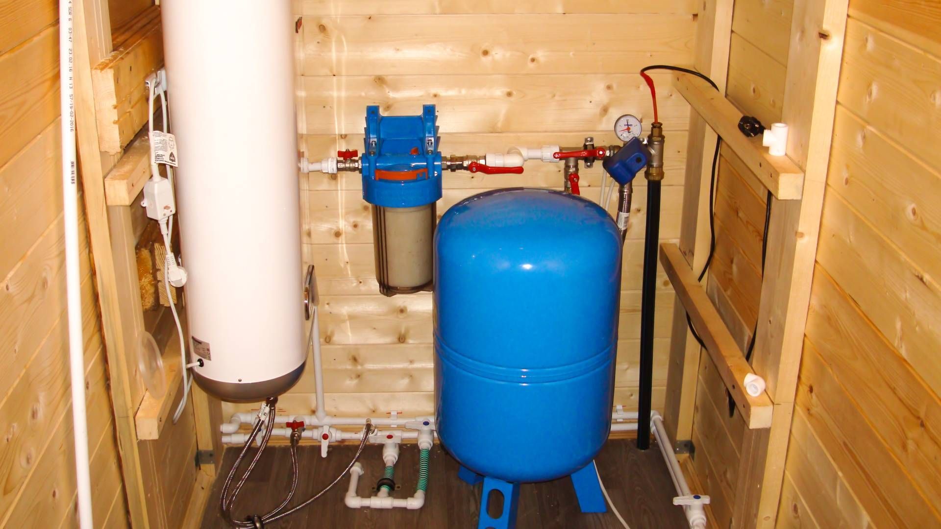 Water well equipment: a white water heater, blue pressure tank and filter system installed in a wooden enclosure.