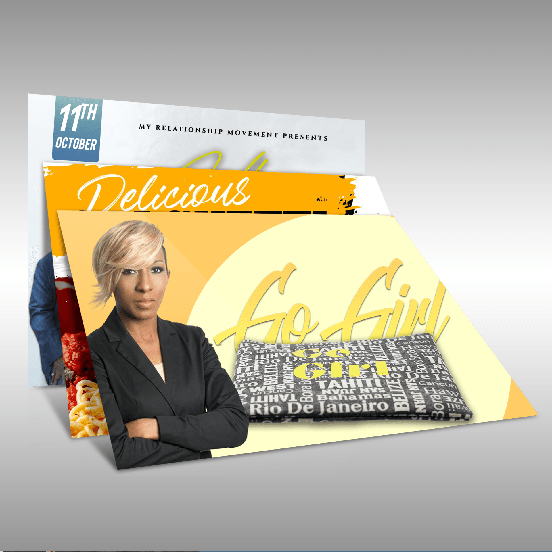 a stack of flyers with one that says go girl