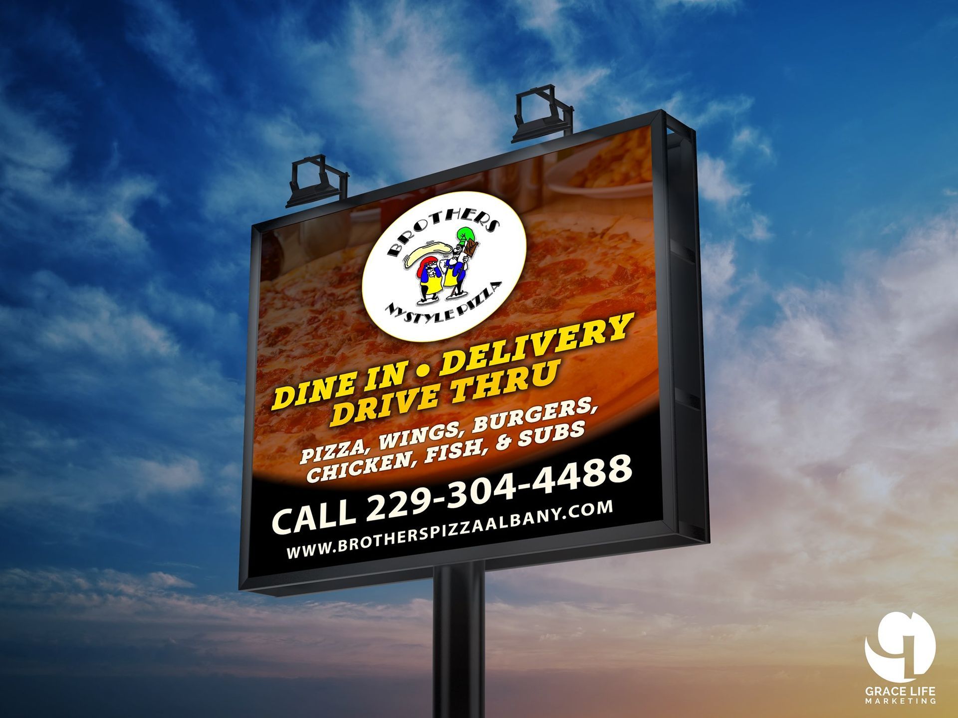 a billboard for a restaurant that says dine in delivery drive thru