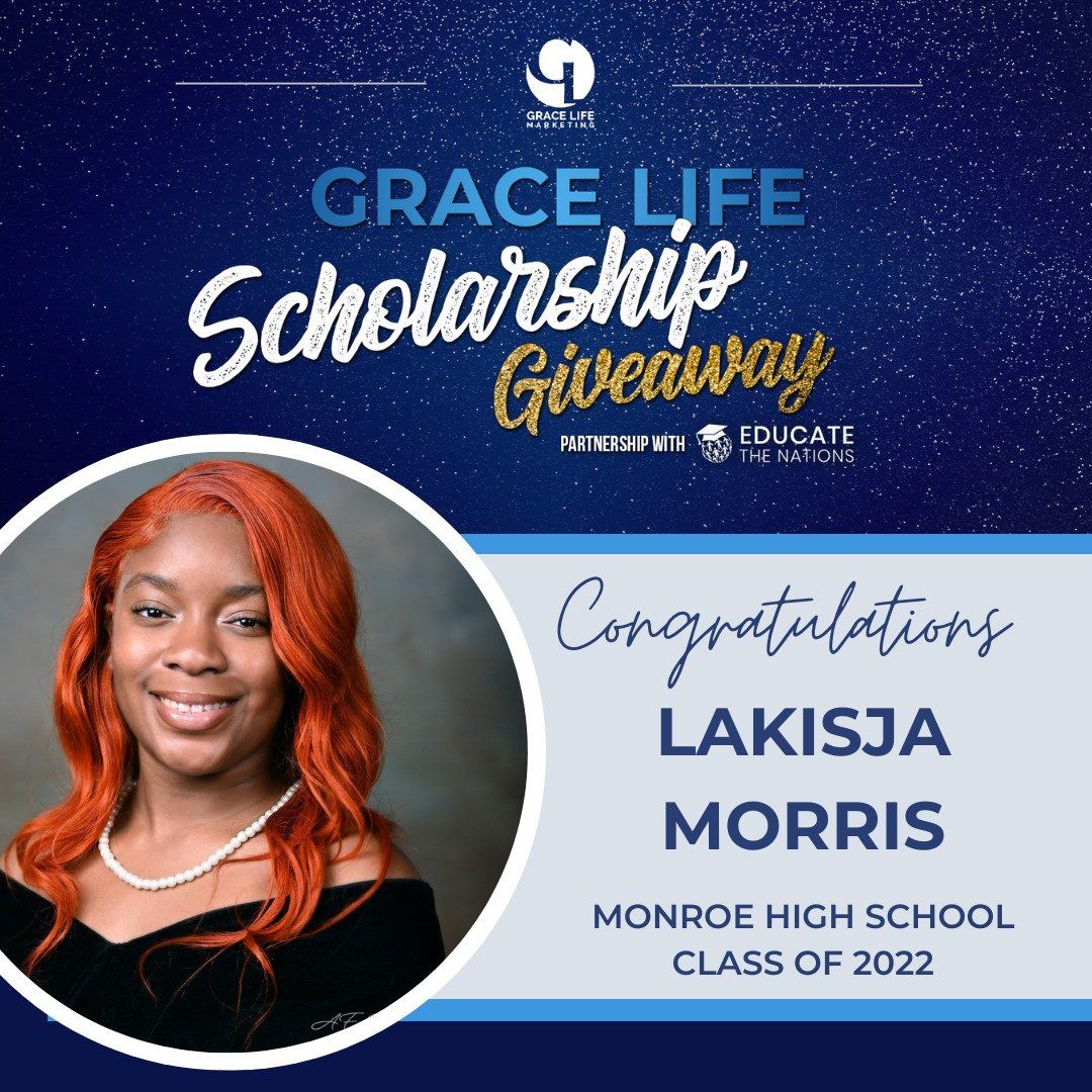 a woman with red hair is featured on a grace life scholarship giveaway poster .