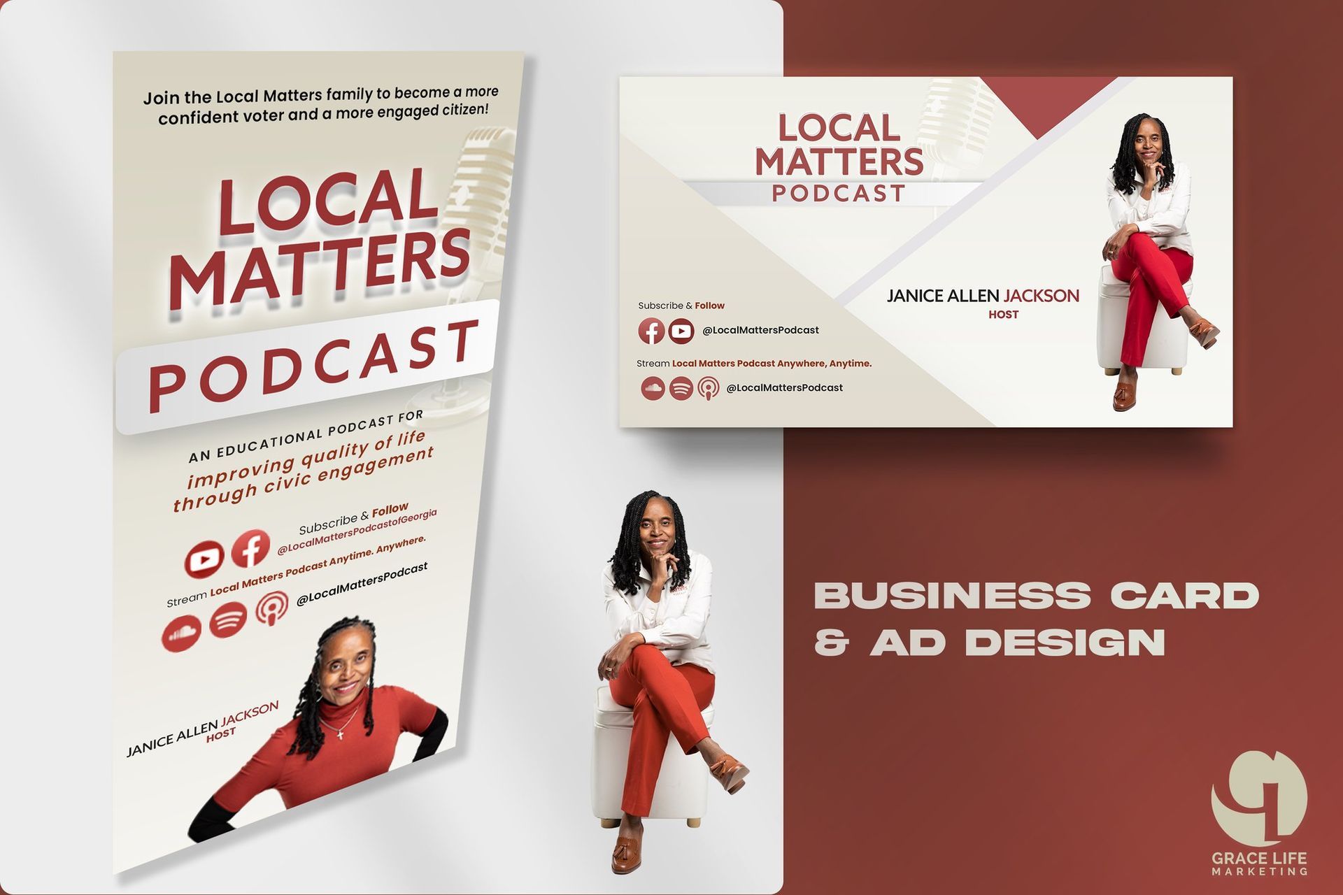 a business card and ad design for a podcast called local matters podcast