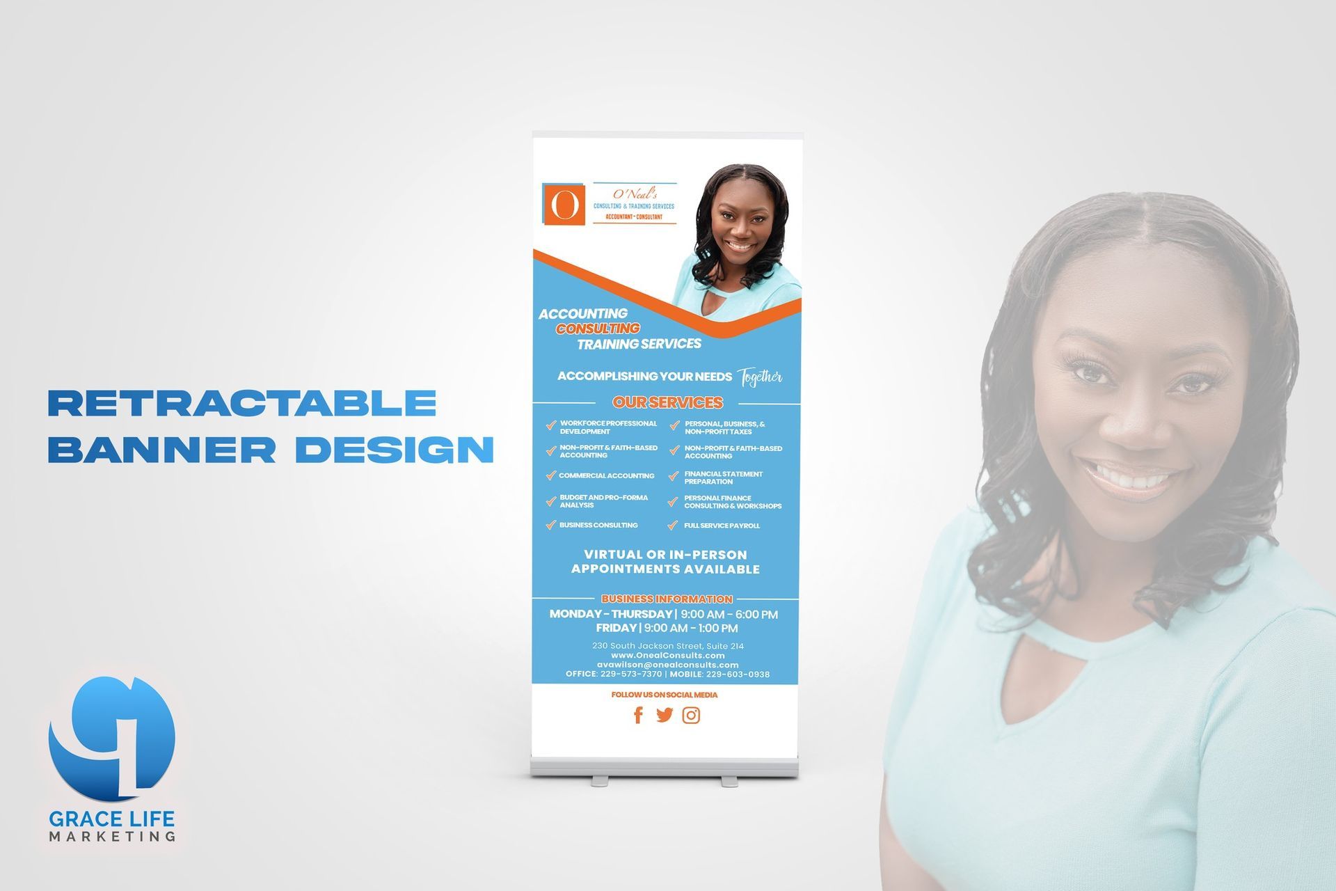 a woman is standing in front of a retractable banner design .