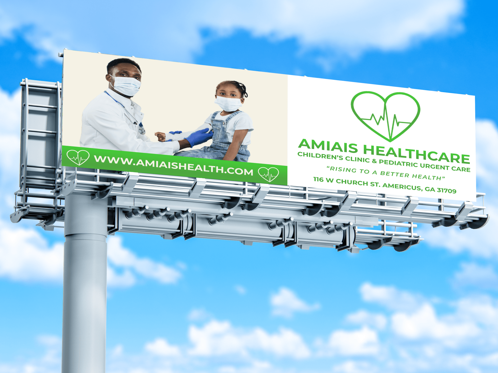 a billboard for amiais healthcare with two doctors on it