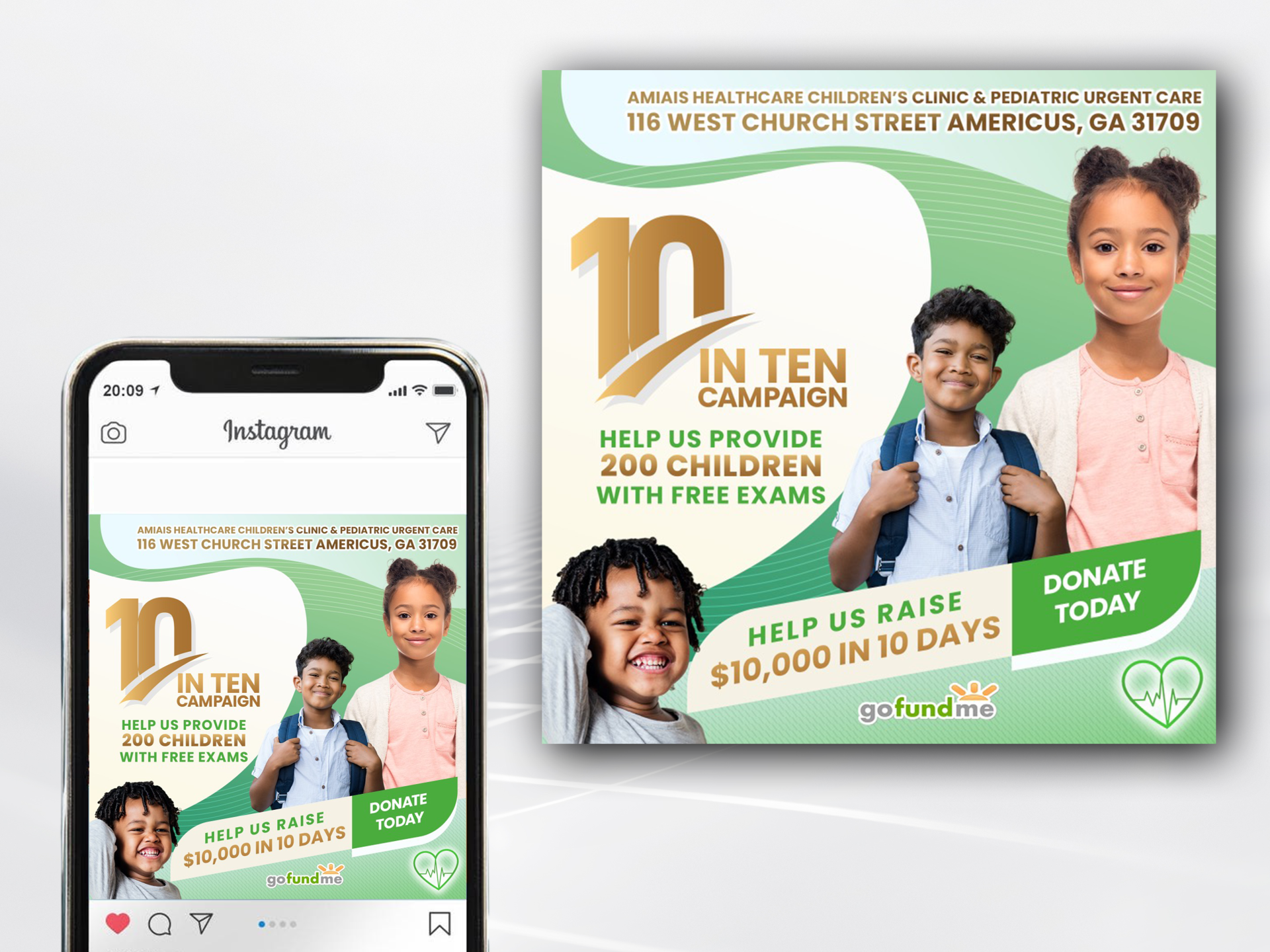 a phone and a poster for a campaign to help children with free exams .